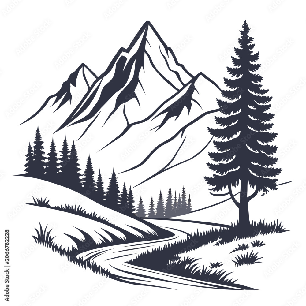 Fototapeta premium Sharp Mountain Peaks and Coniferous Pine Trees with Winding River in Black Ink on White