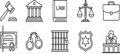 Photos Law and Justice Line Icon Set with Court, Legal and Judiciary Symbols Collection