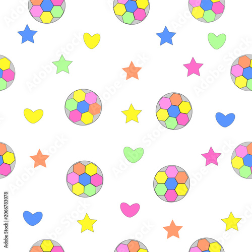 Seamless Kids Pattern with Colorful Stars, heart and Geometric Balls on Light Background