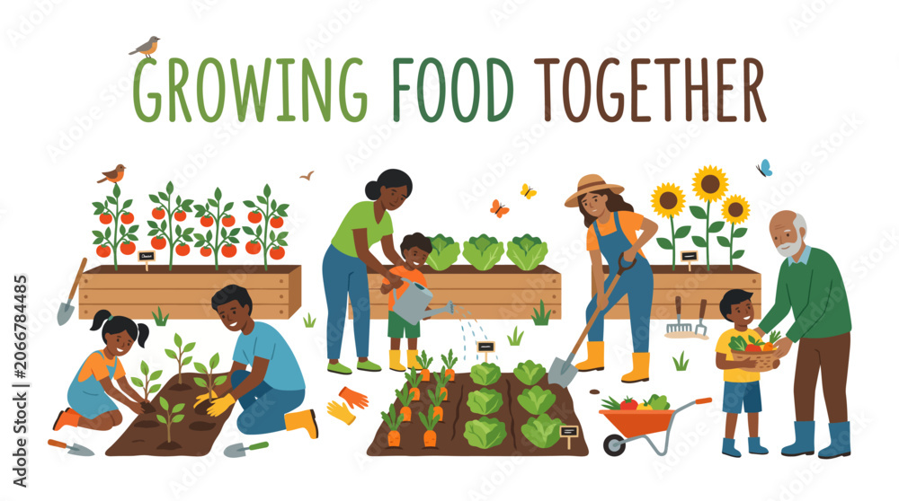 Fototapeta premium Flat vector illustration of children and families gardening together, cultivating fresh produce and enjoying nature