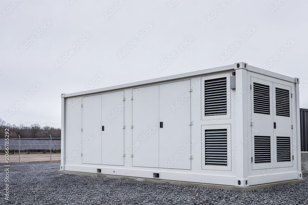 Fototapeta premium Grid scale battery storage container on gravel pad
