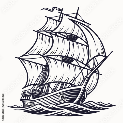 Photography Three Masted Sailing Ship with Full Sails on Wavy Sea in Black Engraved Style on