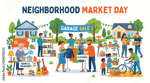 Neighborhood Market Day Garage Sale Flat Vector Illustration of Neighbors