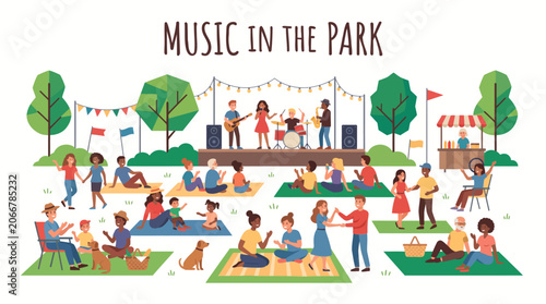A Flat Vector Illustration of People Enjoying a Live Music Performance in an Outdoor Park