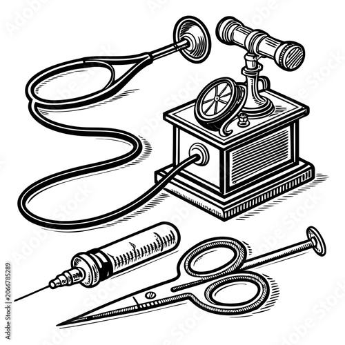 Antique Medical Stethoscope Syringe and Surgical Scissors Engraving in Black on White Surface