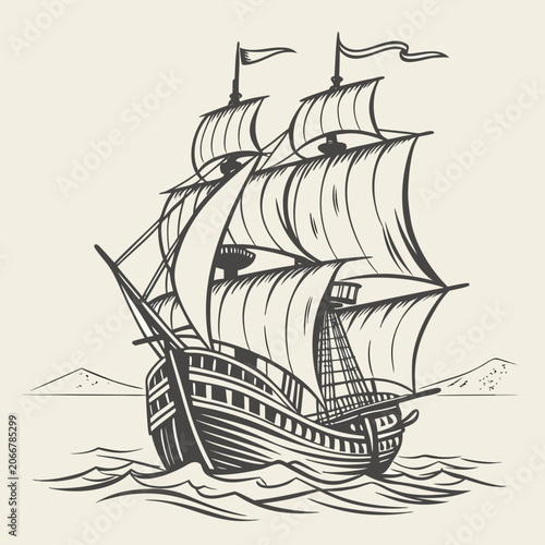 Vintage Sailing Ship Navigating Waves in Black Ink on Cream Sea with Distant Mountains