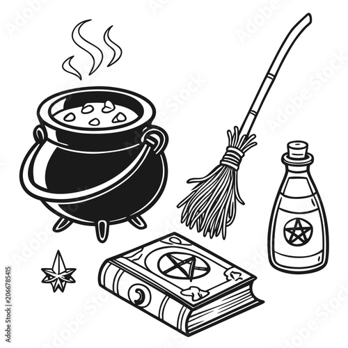 Witch Cauldron with Bubbling Brew Broomstick Potion Bottle and Book in Black and White Line Art