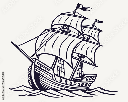 Vintage Woodcut Sailing Ship Navigating Ocean Waves with Black Ink Lines on Plain Cream Background