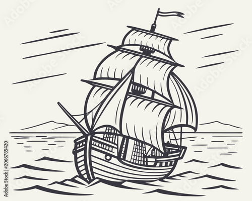 Vintage Wooden Sailing Ship with Large Sails on Ocean Waves with Distant Mountains in Black Ink