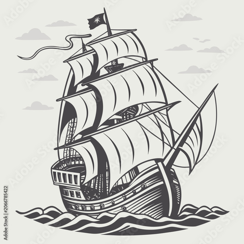 Vintage Wooden Sailing Ship Navigating Black and White Wavy Ocean Water and Cloudy Sky