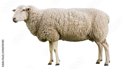 Fotografie White sheep with thick wool standing profile view