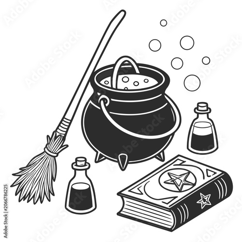 Black Witch Cauldron with Bubbles Broomstick Potion Bottles and Pentagram Spellbook on White