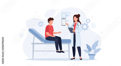 Doctor consulting patient with digital tablet showing medical data and technology in modern clinic