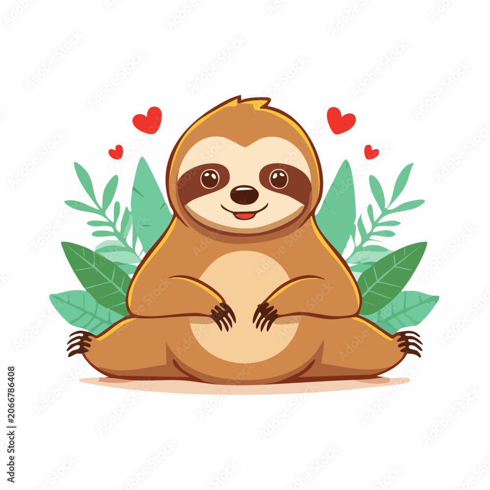 Obraz premium Cute Cartoon Sloth with Hearts and Leaves