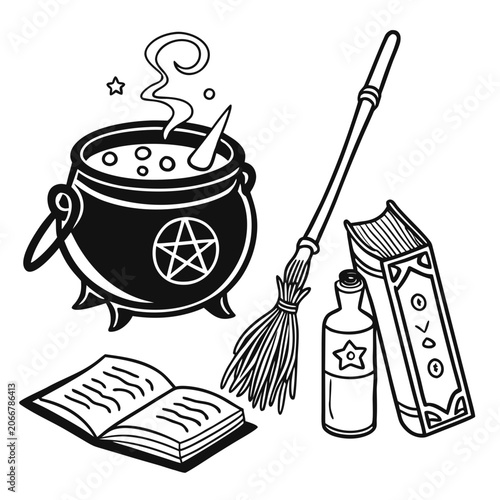 Black and White Steaming Cauldron with Pentagram Broomstick Potion Bottle on White Surface