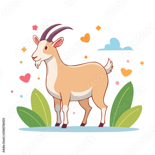 Cute flat design illustration of a goat with plants and hearts
