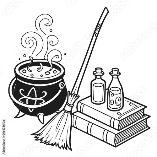 Black Steaming Cauldron with Wooden Broomstick and Glass Potion Bottles on White Background