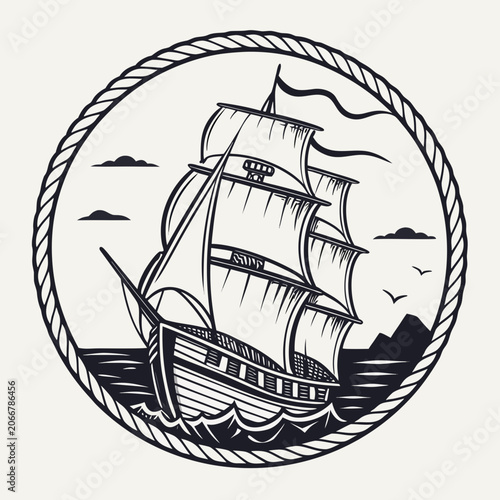Wooden Sailing Ship with White Sails on Ocean Waves inside Circular Rope Border in Black and White