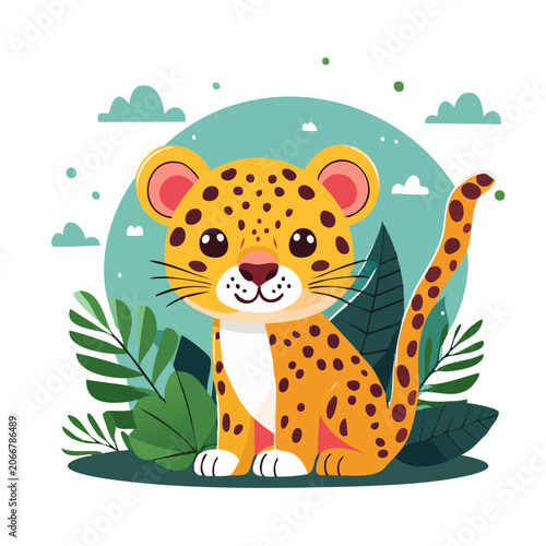 Cute leopard cub illustration with jungle leaves and clouds