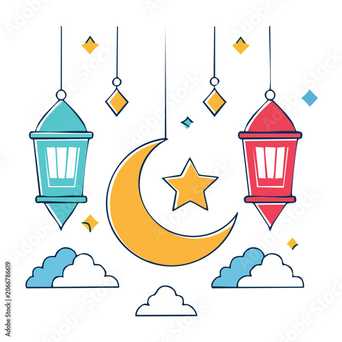 Islamic crescent moon, star, and lanterns with clouds