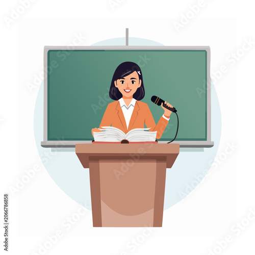 Woman giving a presentation at a podium with a book and microphone
