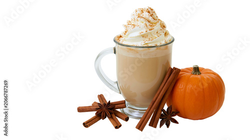 Foto Pumpkin spice latte with whipped cream cinnamon sticks star anise, and small pum