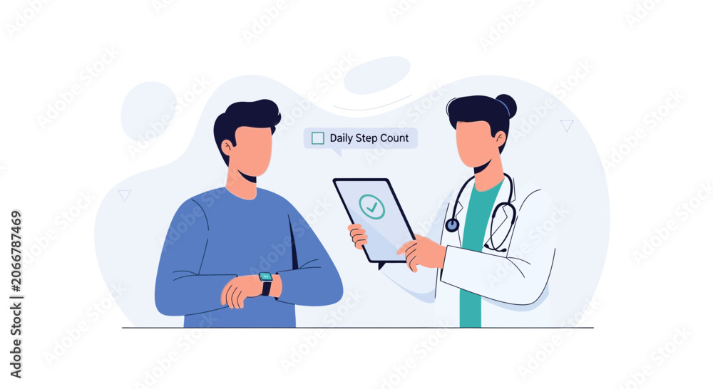 Fototapeta premium Doctor Consults Patient About Daily Step Count on Digital Tablet, Health Monitoring Concept