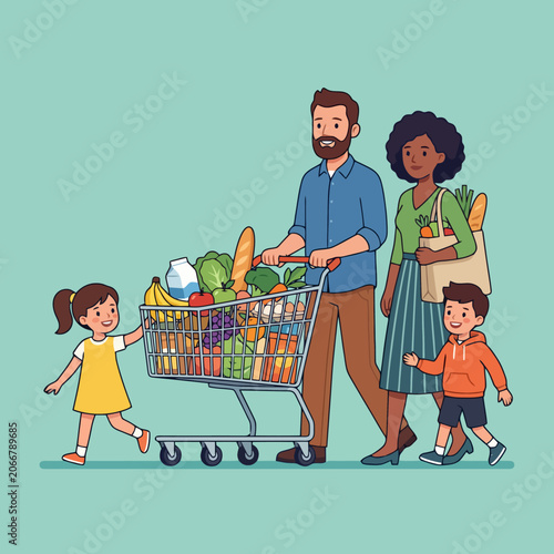 Photography A happy family shopping for fresh groceries at the local store
