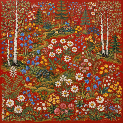 Traditional Swedish Woodland Meadow Art Print, Flat Dala Folk Painting for Scandinavian Cottage Decor