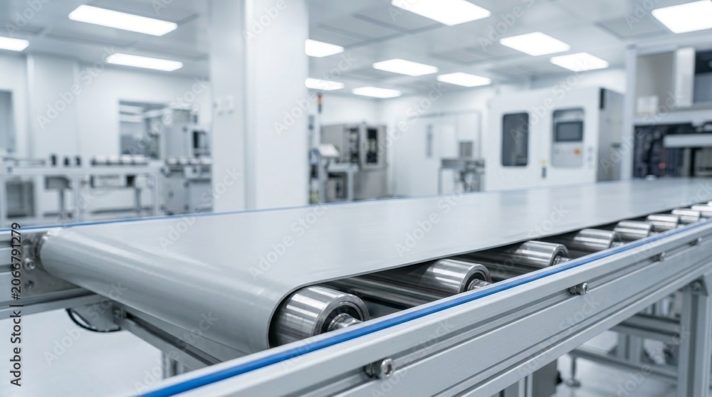 Obraz premium A conveyor belt runs on a factory floor beside large white machines.