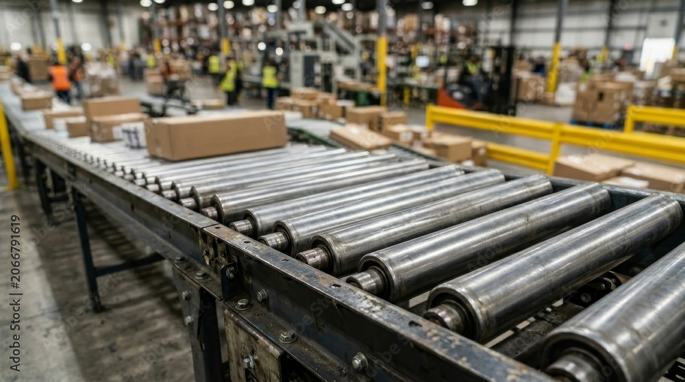 Fototapeta premium Conveyor rollers in a busy warehouse as workers move boxes.