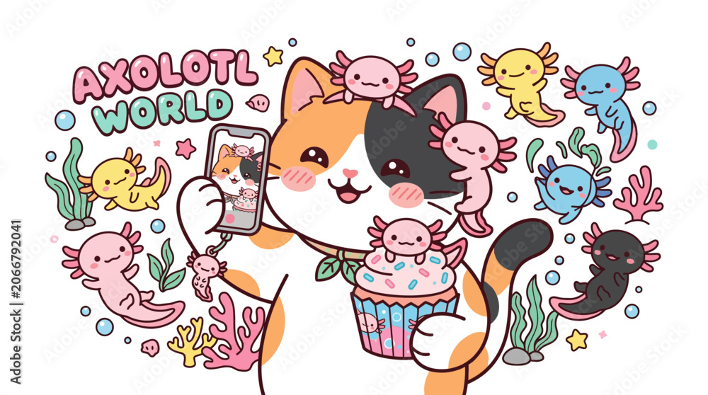 Fototapeta premium Cute Cat with Axolotls and Cupcake