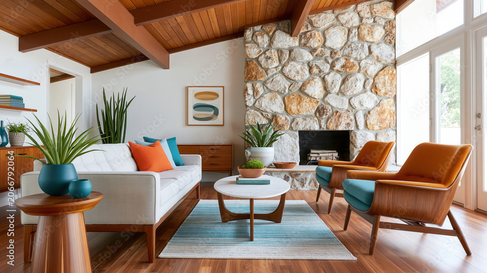 Obraz premium Mid century modern living room interior with a stone fireplace and colorful furniture