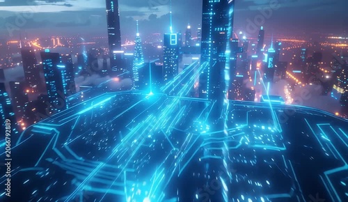 Futuristic city skyline with glowing blue digital network lines connecting skyscrapers at night.
