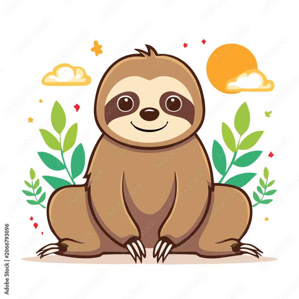 Obraz premium Cute cartoon sloth sitting with leaves and sun