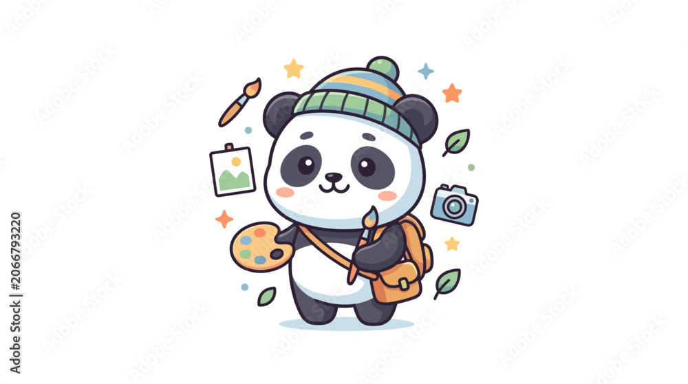 Fototapeta premium Cute Panda Artist with Backpack and Camera