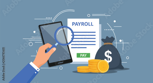 Photos A hand holding magnifying glass over a smartphone, with payroll document, money bag, and coins nearby, illustrating financial auditing and salary review