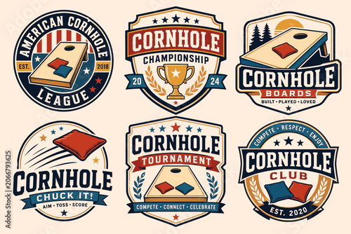 A collection of six vintage-style cornhole game logos and badges, featuring boards, bean bags, and various championship and club themes.