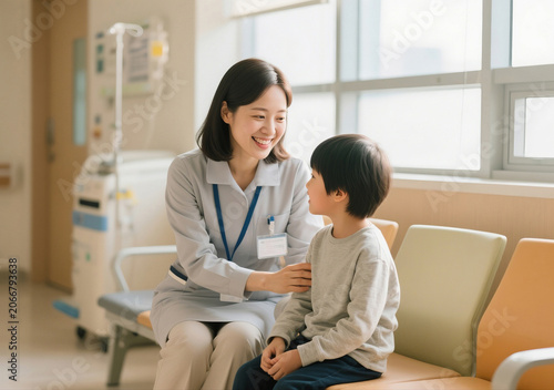 병원 대기실에서 남자아이를 돌보는 간호사 · Nurse Comforting a Young Boy in a Hospital Waiting Room