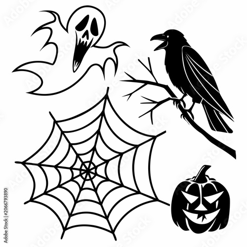Obraz na plátne Halloween spooky ghost crow pumpkin spider web.