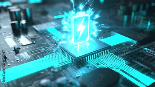 Battery symbol glowing on advanced microchip processor, high-tech energy management system, semiconductor hardware background, digital power innovation, circuit board IoT technology