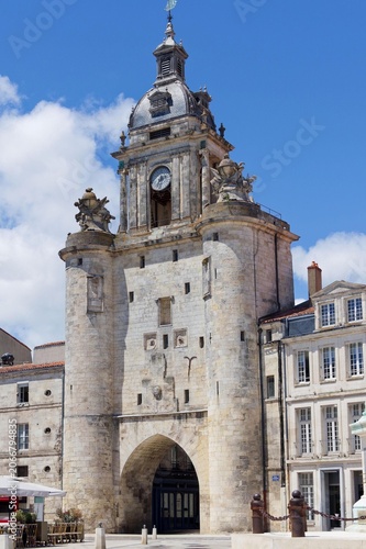 City's belfry and Grosse-Horloge Gate of La Rochelle en Charente-Maritime. South facade of the Town Clock or Gate of  'Grosse Horloge' facing Quai Duperré and Old Port

