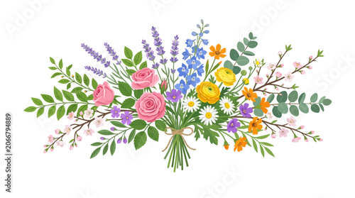 Spring Floral Bouquet Decoration: Fresh Flowers, Leaves, Twigs, and Lavender
