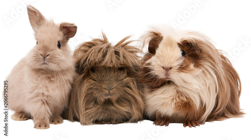 Quadro su tela Three fluffy guinea pigs and a rabbit with long fur