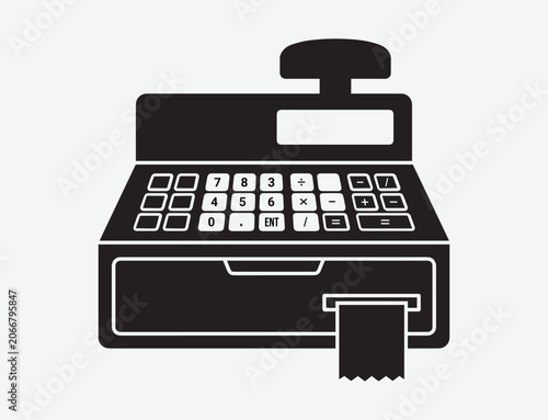 Black silhouette of a vintage cash register with receipt on a white background
