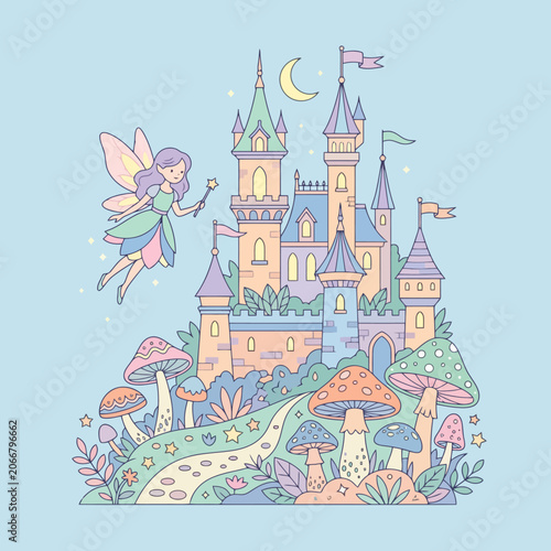 Bild auf Leinwand A cute fairy flies near a magical pastel fantasy castle