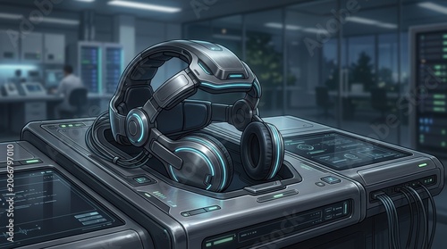 Futuristic Virtual Reality Headset on Modern Desk in High-Tech Environment.