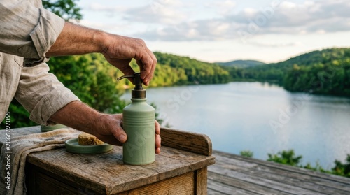 Person Pouring Water into Bottle by Lake Nature Scene.