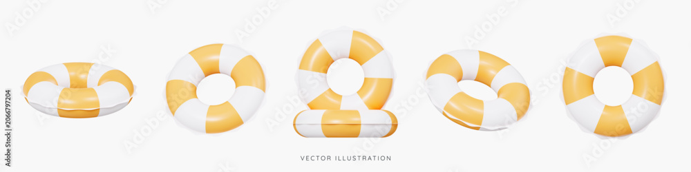 Obraz premium 3D Inflatable swimming ring in different angles icon set. Rubber pool toy. Swim lifesaver. Summer time objects. Travel and vacation. Cartoon design icons isolated on white. 3D Vector illustration