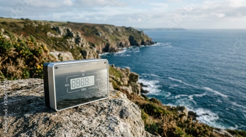 Scenic Coastal Cliffs with Digital Altimeter Display.